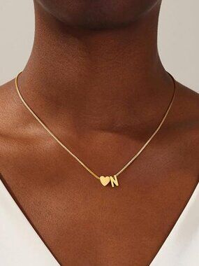 Beautiful Gold Tone Necklace Initial "N" Heart Pendants Personal Gift 16"+2"